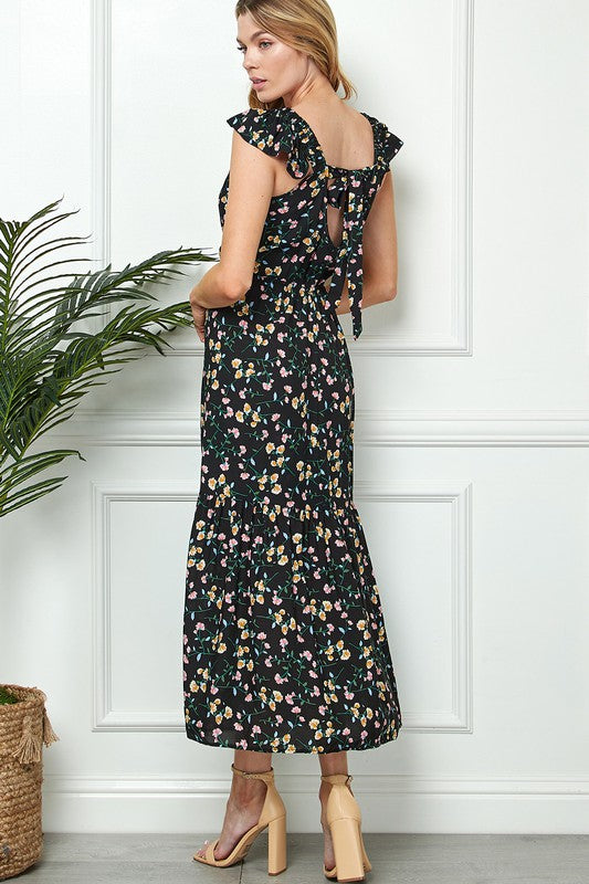 FLORAL PRINT TIE BACK MAXI DRESS