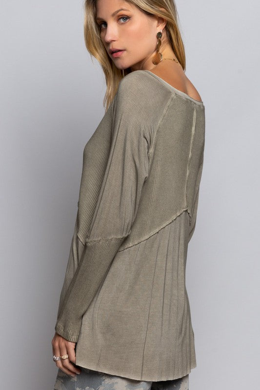 Light Wash Rib Textured Long Sleeve Top