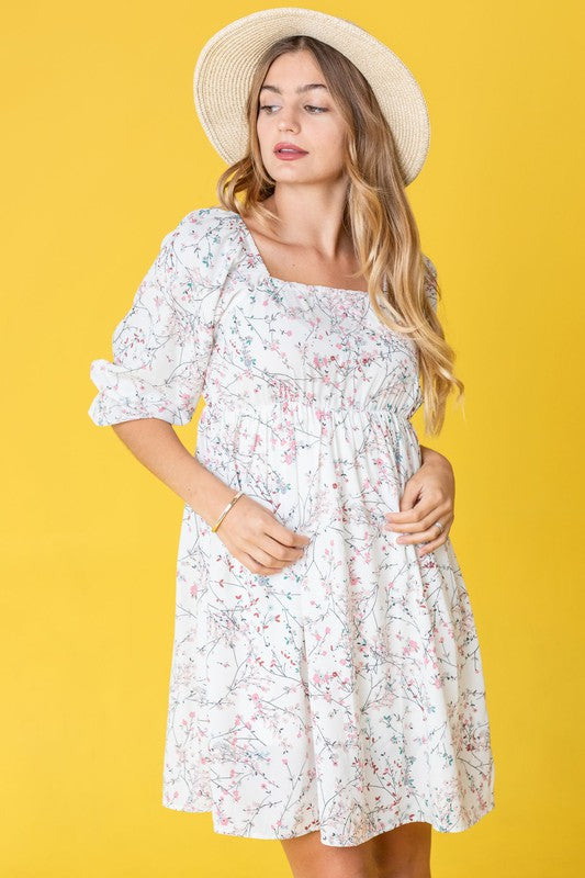 Branch Floral Squared Neck Mini Dress