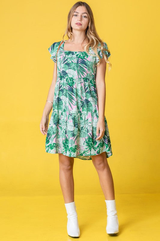 Plus Tropical Flutter Sleeve Tiered Midi Dress