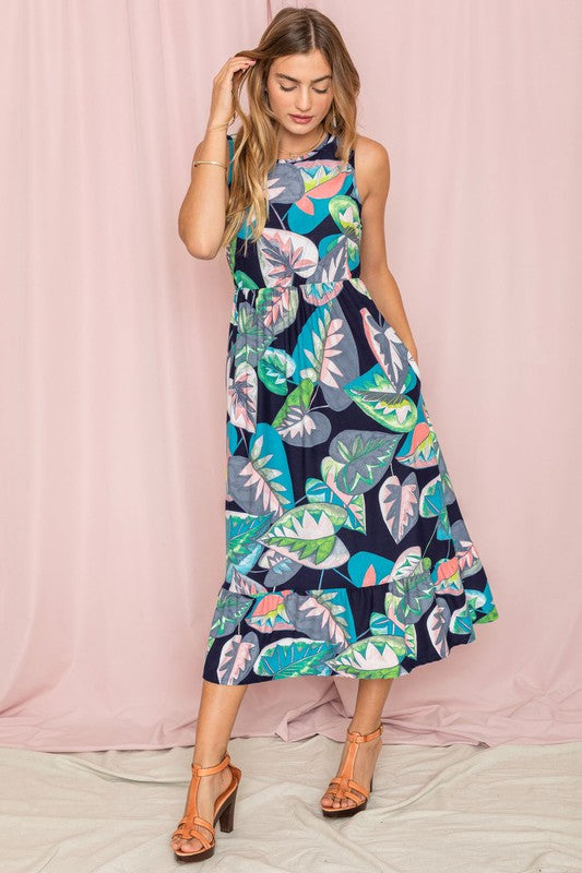 Sleeveless Print Ruffled Hem Tea-Length Dress