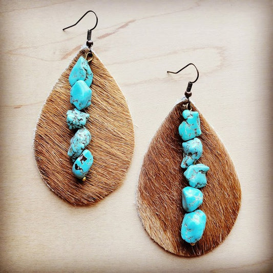 Teardrop Tan Hair Hide Earring w/ Turquoise