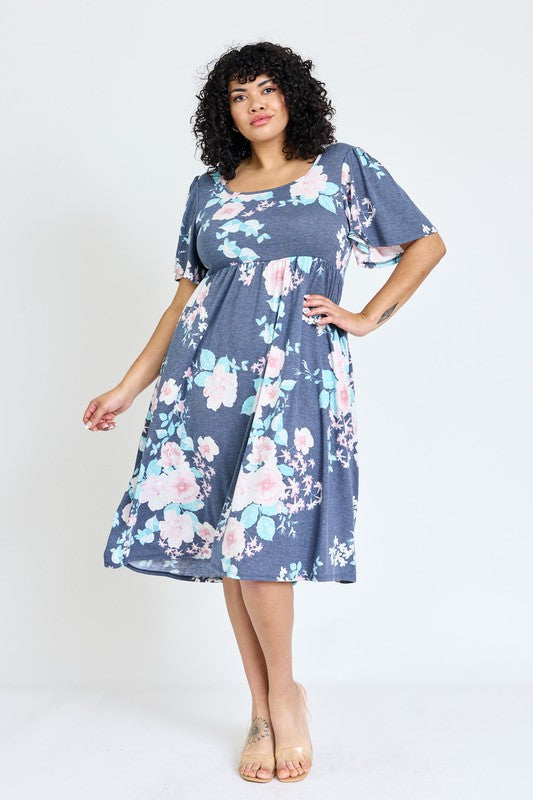 Plus Kimono Sleeve Floral Tea Length Dress