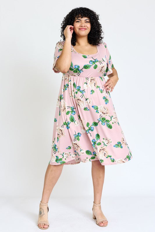 Plus Kimono Sleeve Floral Tea Length Dress