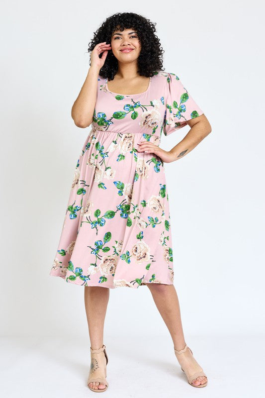 Plus Kimono Sleeve Floral Tea Length Dress