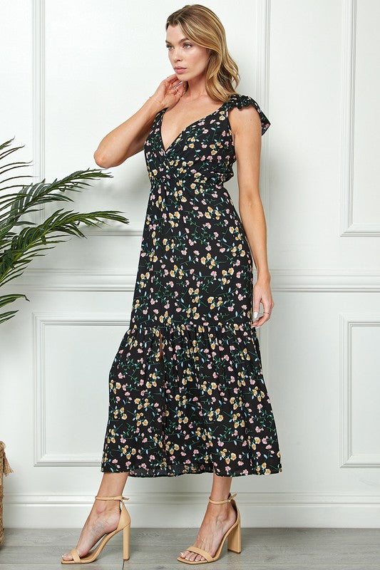 FLORAL PRINT TIE BACK MAXI DRESS