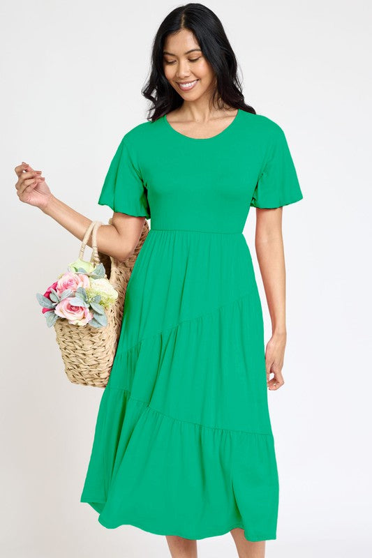 Plus Solid Diagonal Tiered Flowy Dress