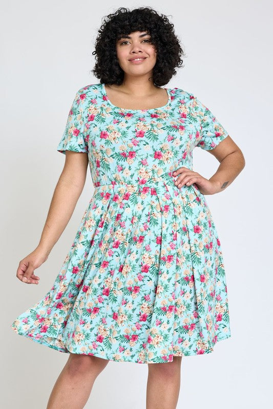 Plus Floral Short Sleeve Pleated Midi Dress