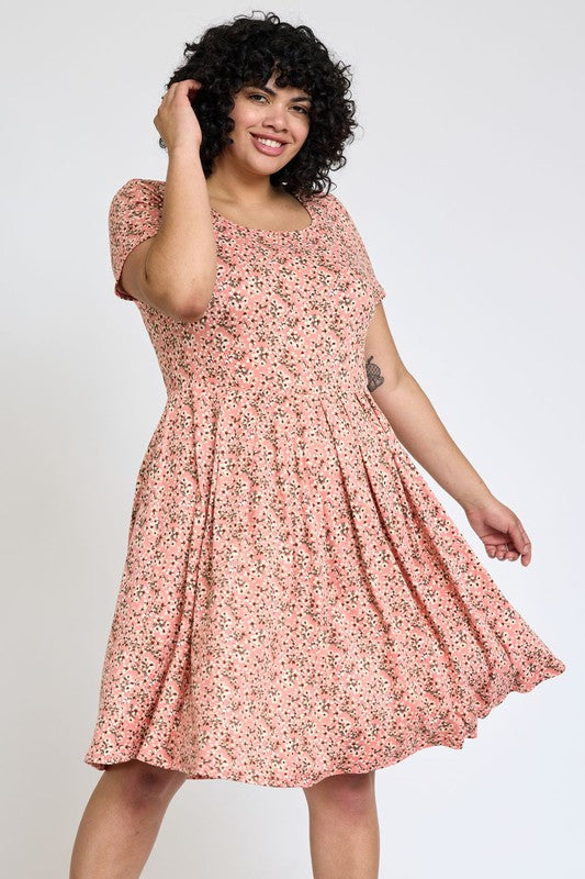 Plus Floral Short Sleeve Pleated Midi Dress