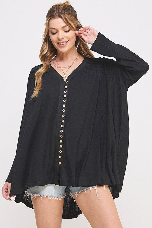 LONG SLEEVE V-NECK OVERSIZED BUTTON DOWN TUNIC