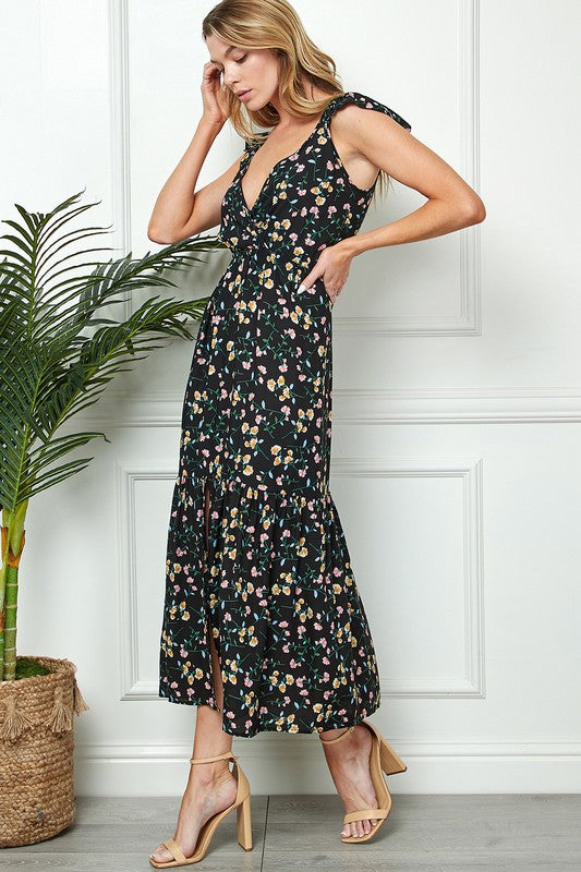 FLORAL PRINT TIE BACK MAXI DRESS