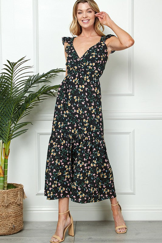 FLORAL PRINT TIE BACK MAXI DRESS