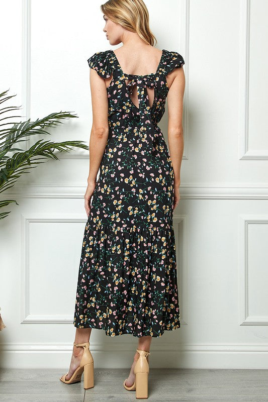 FLORAL PRINT TIE BACK MAXI DRESS