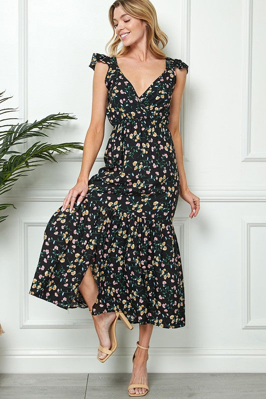 FLORAL PRINT TIE BACK MAXI DRESS