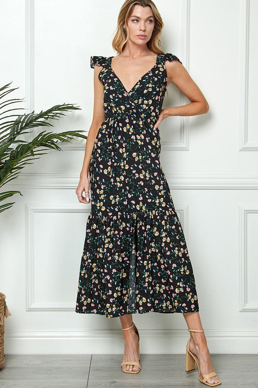 FLORAL PRINT TIE BACK MAXI DRESS