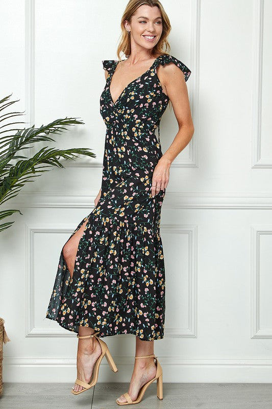 FLORAL PRINT TIE BACK MAXI DRESS