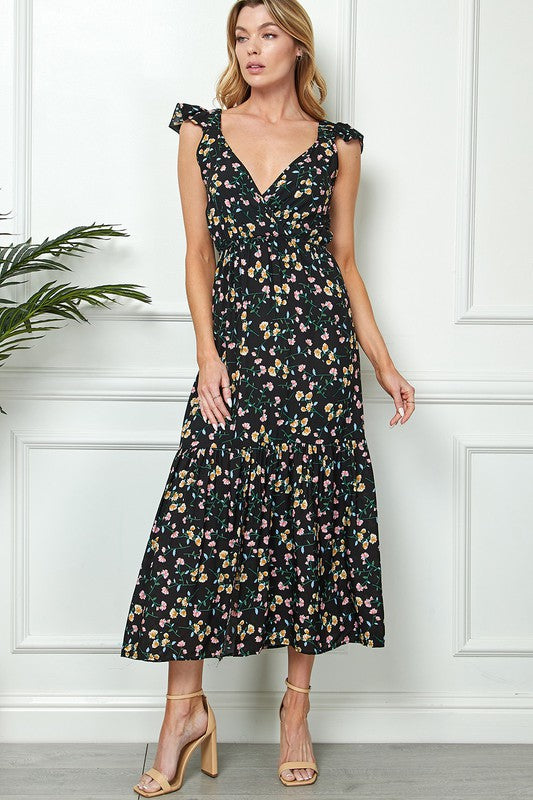 FLORAL PRINT TIE BACK MAXI DRESS