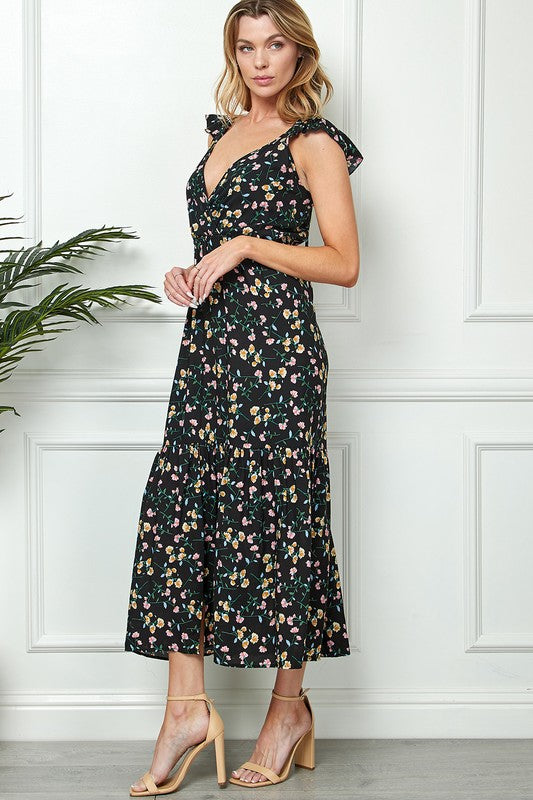 FLORAL PRINT TIE BACK MAXI DRESS