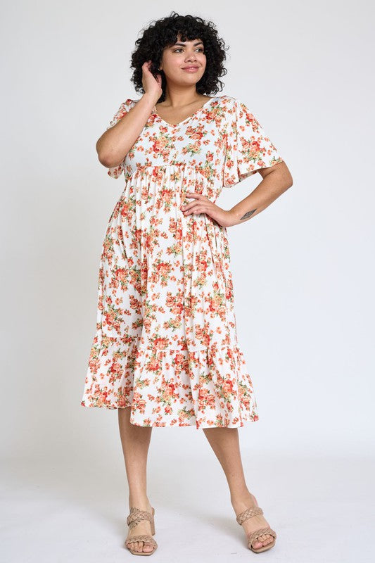 Floral Angel Sleeve Midi Dress