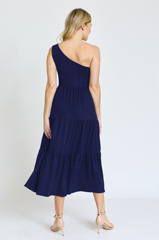 One Shoulder Ruffle Midi Dress