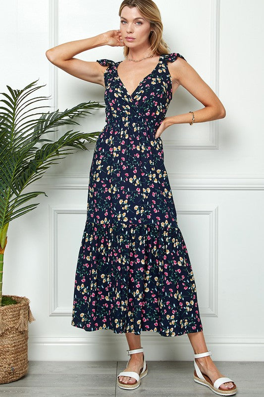 FLORAL PRINT TIE BACK MAXI DRESS