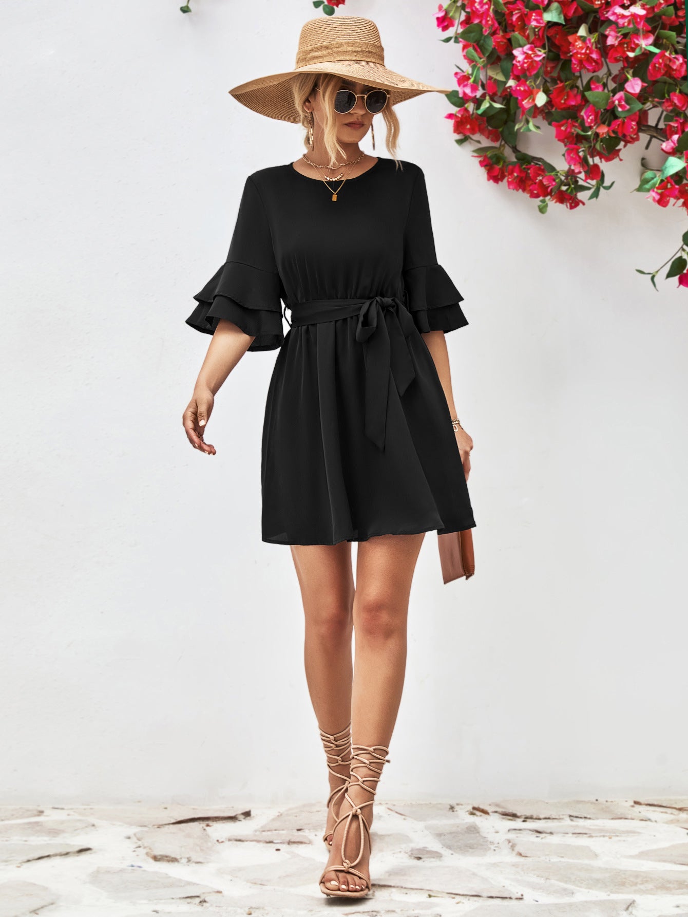 Round Neck Tie Belt Flounce Sleeve Dress