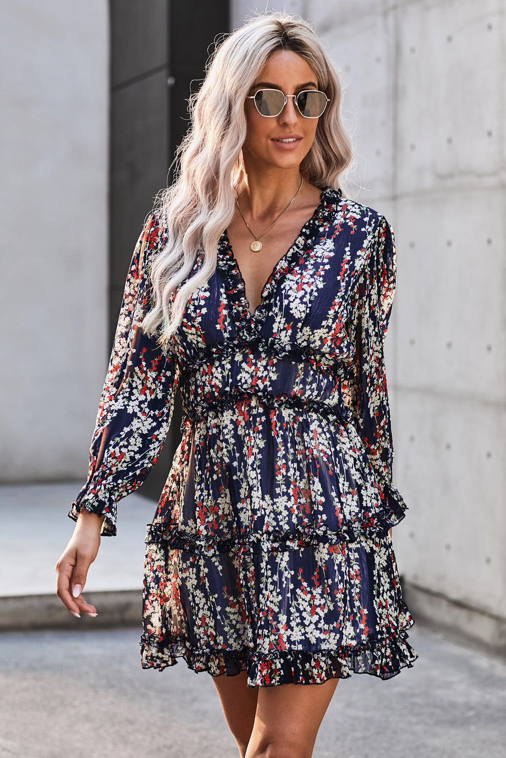 Floral Frill Trim Plunge Flounce Sleeve Dress